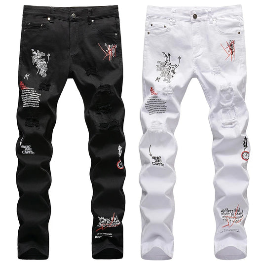 2022 Men Ripped Jeans White Black Stretch Slim Fit Spring Autumn Denim Pants Distressed Hip Hop Streetwear Biker Jeans Pants